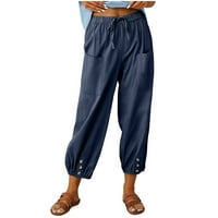 Capri pantalone za žene Ljeto pamučno posteljina elastična struka nacrtaju natkrivene hlače, casual
