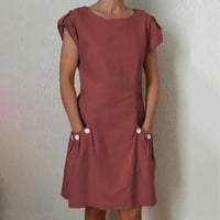 Ženska haljina dužine koljena sa džepom čvrste boje vrhova kratkih rukava odjeća okrugla vrata za slobodno