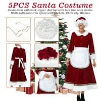 Gđa Claus kostim za žene za odrasle Božićne haljine s poklopcem s poklopcem pregače bijele perike za kosu i naočale za žice -