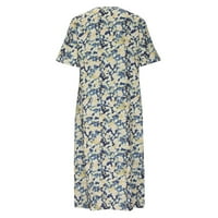 CLLIOS ženski okrugli vrat modni casual cvjetni ispis džep s kratkim rukavima midi haljina za žene