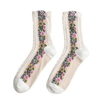 Yinguo Women Mid Mid Tube Spring Pleteni pamučni retro etnički stil cvjetne pamučne čarape
