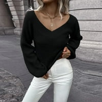 Knit dugih rukava V-izrez Čvrsti salosni džemperi za žensku čišćenje crne veličine S