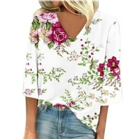 TurillIn ženske majice rukavi cvjetni ispisani s V-izrezom Ženska majica četvrtine rukave Jesenska bluza vrhova dukserica