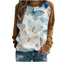 Lolmot Jesen Bluze dugih rukava za žene Ležerne u trendovskom patchwork posadu vrat leptir Ispis Grafički pulover Duksevi majice