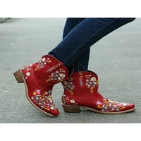 Zodanni Ženske čizme istaknute prstiju Western Boot široke kalefske čizme dame cipele ženske casual vezene cvijeće crvene crvene boje 7.5