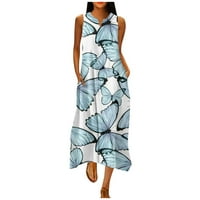 Tkinga modna ženska ljetna casual boho cvjetna labava sawress s džepovima V vrat sa ramena Maxi plaža haljina svijetlo plava 2xl