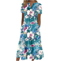 Tking Fashion Žene Ljeto Ležerne prilike Boho cvjetno tiskane haljine kratkih rukava V-izrez Maxi haljine sa džepom svijetloplavim l