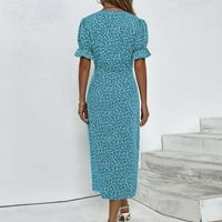 Ženske haljine kratki rukav A-line Dužina gležnja Modna ljetna haljina od tiskane V-izrezom Blue 2xL