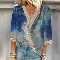 Zkozptok Ženski vrhovi plus veličina čipke patchwork rukav V-izrez Trendi za tiskane majice Lounge Pulover Tanke bluze, nebesko plavo, xxl