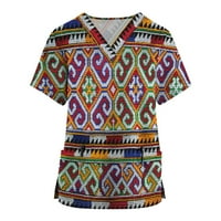Ženski ljetni ispis kratkih rukava radna odjeća V-izrez na vrhovima radne džepne bluza