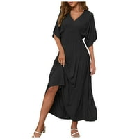 Ljetne haljine za žene Trendy Solid V-izrez A-line Dužina gležnja Leisure Haljina kratkih rukava Crna