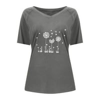 Qwertyu Work Tops Lable V izrez Dandelion Print Plus Veličina Majice za žene Čišćenje kratkih rukava