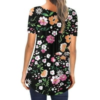 Žene plus veličine kratkih rukava V-izrez Ljetni cvjetni ispis T majica Labavi fit gumb Pulover bluza