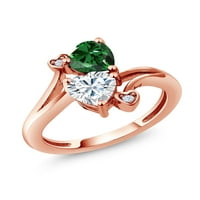 Gem Stone King 18K ruža pozlaćeni srebrni dvostruki srčani prsten za žene Nano smaragd moissinite