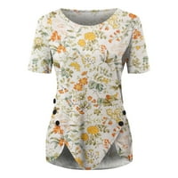 Hanas vrhovi ljetni casual tee, okrugli vrat cvijeća i lišće tiskane majice, majice kratkih rukava neregularne