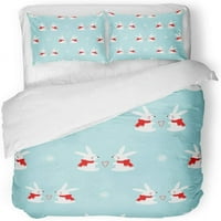 Posteljina set slatkih zečevi sa srcima Candy Cane Hearts i Snowflakes na plavoj zimskoj dvostrukoj veličini prekrivača sa jastučem za kućnu posteljinu ukras