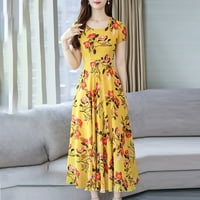 Tkinga moda Žene Ljeto Ležerne prilike Retro cvjetno tiskane haljine kratkih rukava okrugli izrez Maxi Nasled haljine žuti l