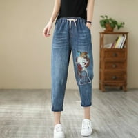 Žene Ležerne prilike ugodne književne vez elastične hlače za rezanje visokog struka Jeans Jean za ženu Dizajner široke pantalone za noge za žene