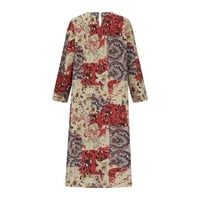 Qolati ženske pamučne line midi haljine vintage etničko tisak dugih rukava boho haljina plus veličina