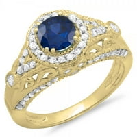1. Carat 18k žuto zlato okruglo plavo safir i bijeli dijamantski dame Split Shank Vintage Bridal Halo