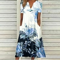 Ženska cvjetna haljina Boho haljine V-izrez Flowy Tired Maxi Haljina za plažu sa džepovima Plava veličina