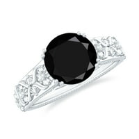 Gravirani crni spinl prsten sa dijamant, 14k bijelo zlato, US 5,00