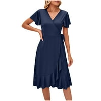 Ljetne haljine za žene kratki rukav košulje od pune boje V-izrez ruffle midi fit i flare y2k moda elegantna