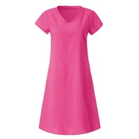 Žene kratki rukav A-linijski duljina koljena modna ljetna čvrsta V-izrez haljina ružičasta S