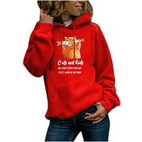 Jesenske dukseve za žene Crewneck Cat tiskani casual labav pulover vrhovi dugih rukava s kapuljačom sa džepovima crvena m