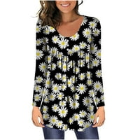 Žene Modni ležerni cvjetni tasteri za ispis labavi preklopni majica dugih rukava okrugli vrat crni l