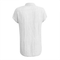 Bazyrey bluza za žene dame casual vintage pamučna posteljina majica V-izrez gumb pune boje pamuk kratki rukav top bijeli l