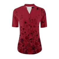 Ženski bluze Ženski povremeni tiskani košulja s kratkim rukavima V-izrez, pulover labavo bluza crvene