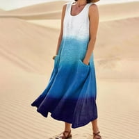 Ženska ljetna labava okrugla vrat tiskana haljina bez rukava s džepovima plava L
