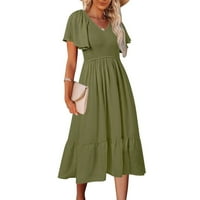 Ljetne haljine za žene Čvrsti V-izrez A-line srednjeg ležaja Slobodno vrijeme kratka rukava vojska zelena