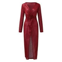 Ženska haljina za partiju sekvera visoke prorez dugih rukava dame klasične V-izrez maturalne haljine Ženska casual haljina crvena m