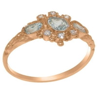 Britanci napravio je 10k Rose Gold Real Prirodni akvamarinski i dijamantni ženski prsten izjave - Veličine