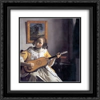 Johannes Vermeer matted crnarna ukrašena uokvirena umjetnost tiska 'youg žena koja igra gitaru'