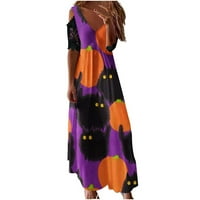 Ženska gotička vintage plaćena haljina za ispis V izrez Ruched maxi haljine slatka mačka bundeva haljina
