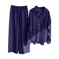 Ženska pamučna posteljina odjeća s dugim rukavima reverske majice vrhunske hlače sa širokim nogama Lounge