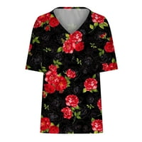 Ženska modna casual plus veličina Ljetna bluza Scenic Cvijeće Ispis majica V-izrez TOP CRNI XL