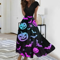 HHEI_K Flashwomen Ljetni modni Halloween Print V izrez Maxi haljina s kratkim rukavima