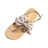 Lulshou Ljetne sandale za žene, preppy na otvorenom T-remenske ravne sandale za žene, luk dekor poliesterskih
