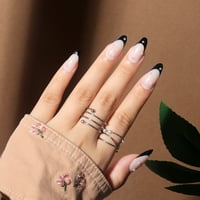 Kratki Almond Press na noktima Francuski vrhovi nokti, crne mačke lažni nokti sa dizajnerskim ovalnim