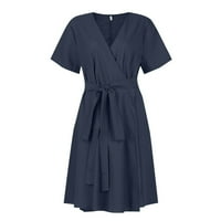 Feternal dame pamučna posteljina V izrez čvrsta boja kratki rukav džepne haljine za remenje za žene