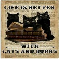 Metalni znak crnog mačića, život je bolji sa mačkama i knjigama, retro gvožđe slikanje za kućnu biblioteku