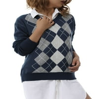 Amiliee Women Argyle Print prevelizirani džemper s dugim rukavima Blok boja Preppy V-izrez pletiva