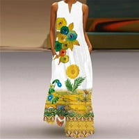 Iopqo ženske ležerne haljine ljetne haljine za žene ženske tiskane haljine bez rukava V-izrez Split hem baggy kaftan duga haljina žuta xxxl