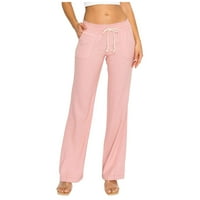 Dame modne čvrste boje ravno noga pamučna posteljina labava hlače za noge Pink XXL