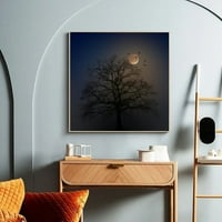 Puni mjesec i drveće grana silueta s pticama neumorna četvrtasta platna zidna umjetnička galerija omotaj