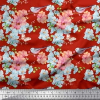 Soimoi Blue Japan Crepe Satin Tkanina ptica, lišće i cvjetno cvjetna ispis tkanina od dvorišta široko